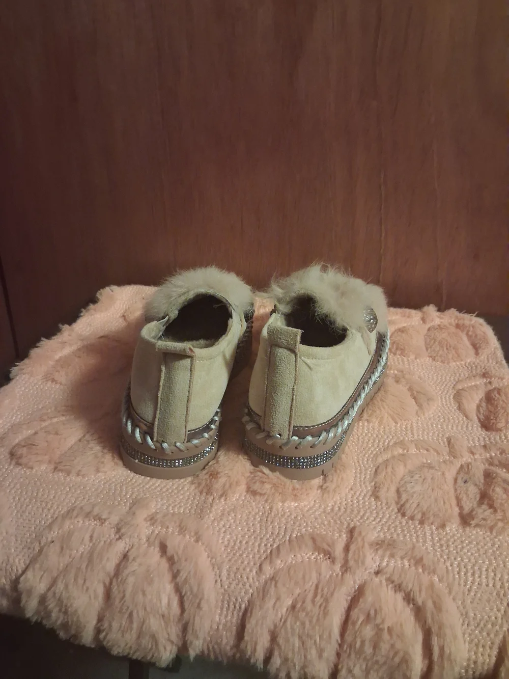 Faux-Fur Jewel Strap Women's Slip-On Loafers - Cream